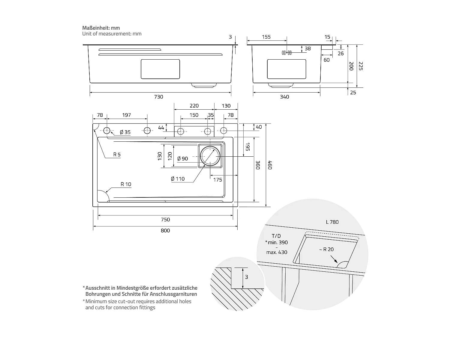 Évier de cuisine encasté multifonctions robinet douchette 80x46 cm anthracite