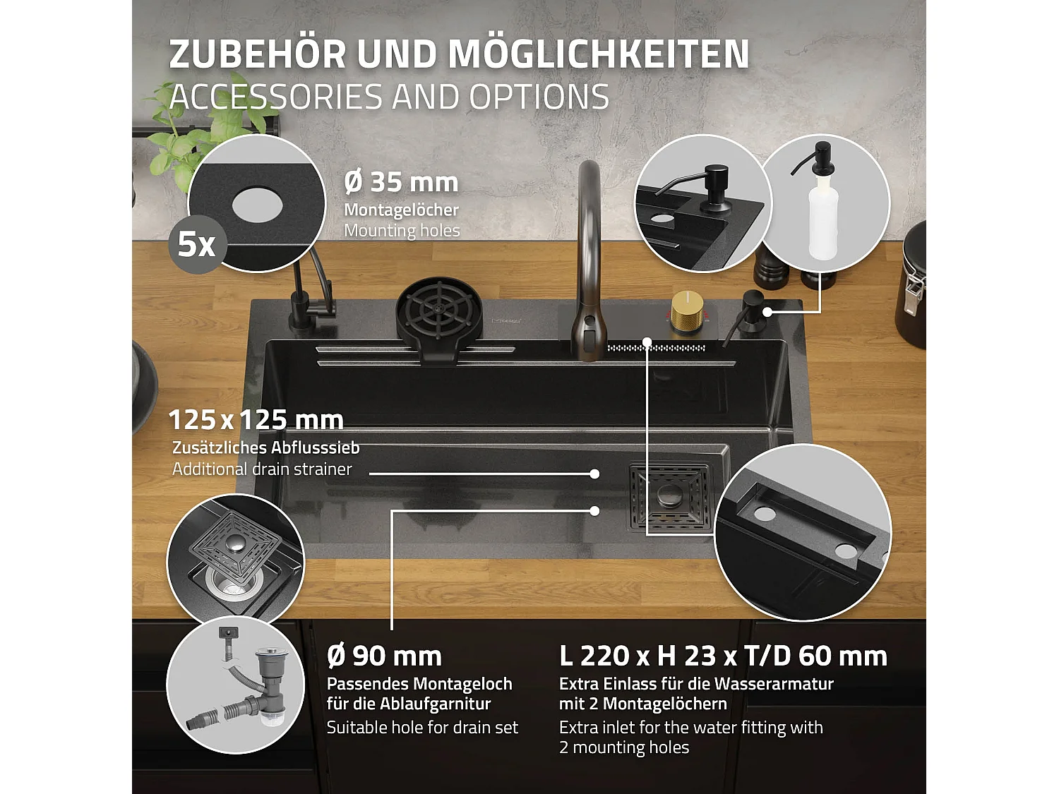 Évier de cuisine encasté multifonctions robinet douchette 80x46 cm anthracite