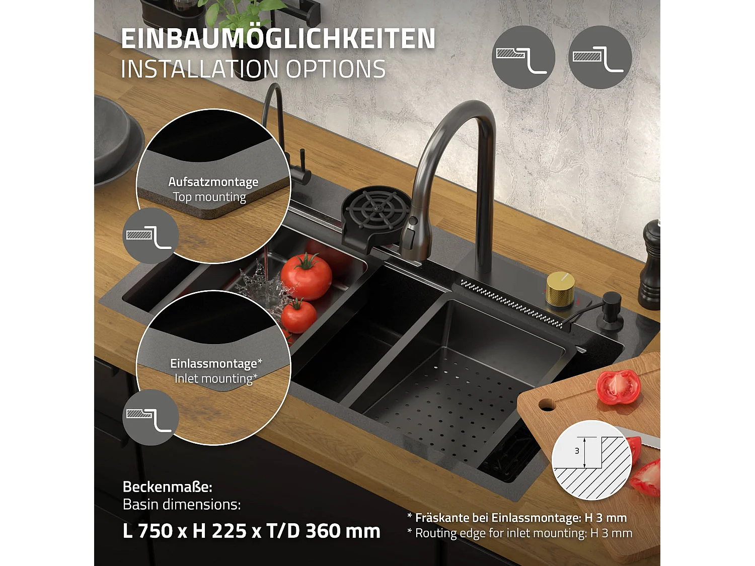 Évier de cuisine encasté multifonctions robinet douchette 80x46 cm anthracite