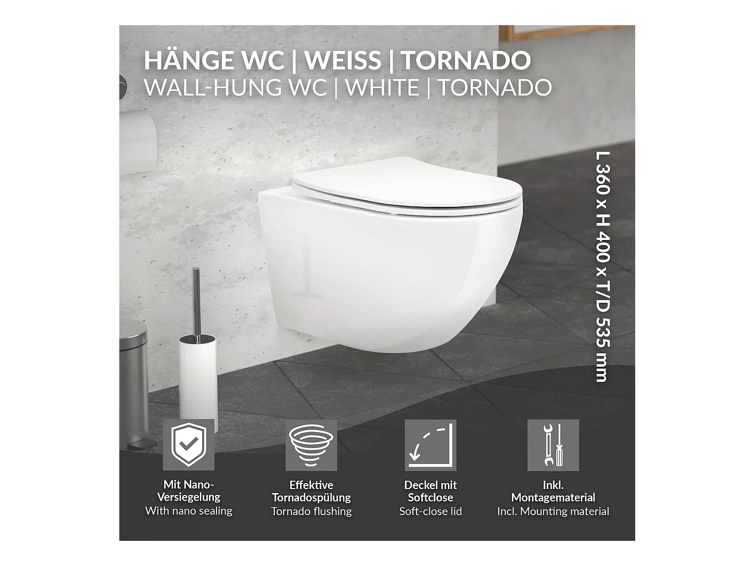 WC cerámico suspendido blanco largo 53,5  cm sin borde, con nanorecubrimiento