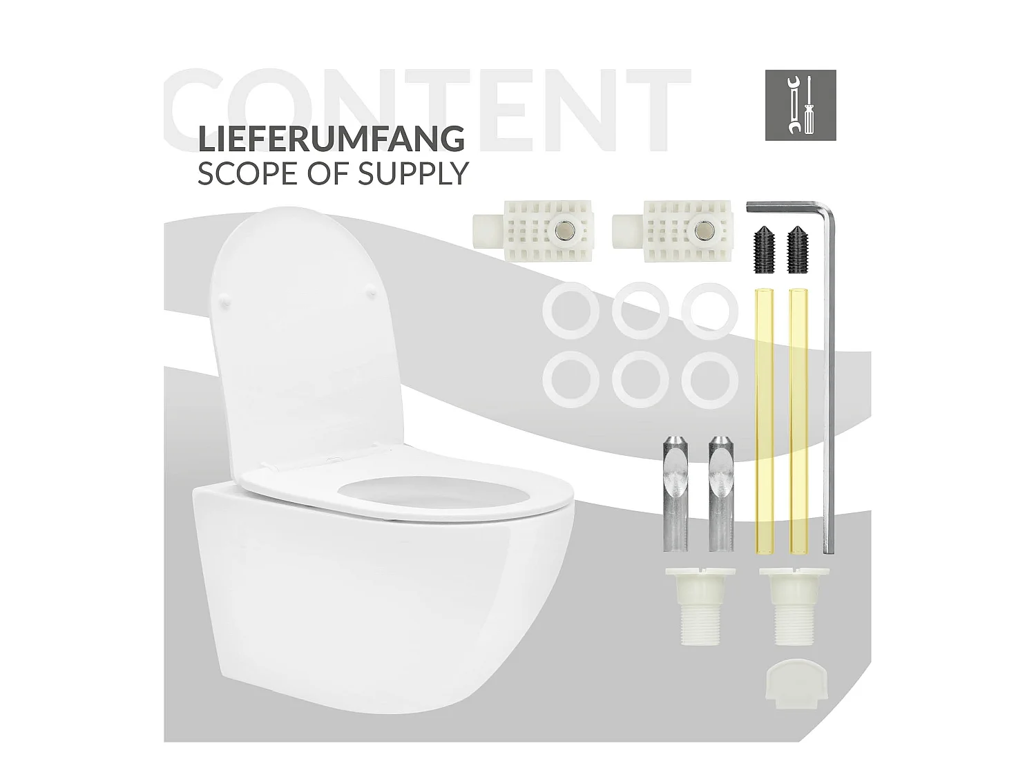 WC cerámico suspendido blanco largo 53,5  cm sin borde, con nanorecubrimiento