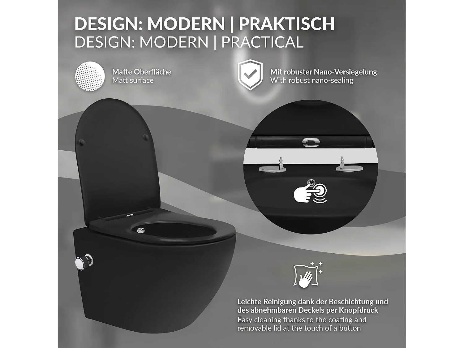 WC sospeso senza bordo nero sedile softclose funzione bidet rivestimento nano