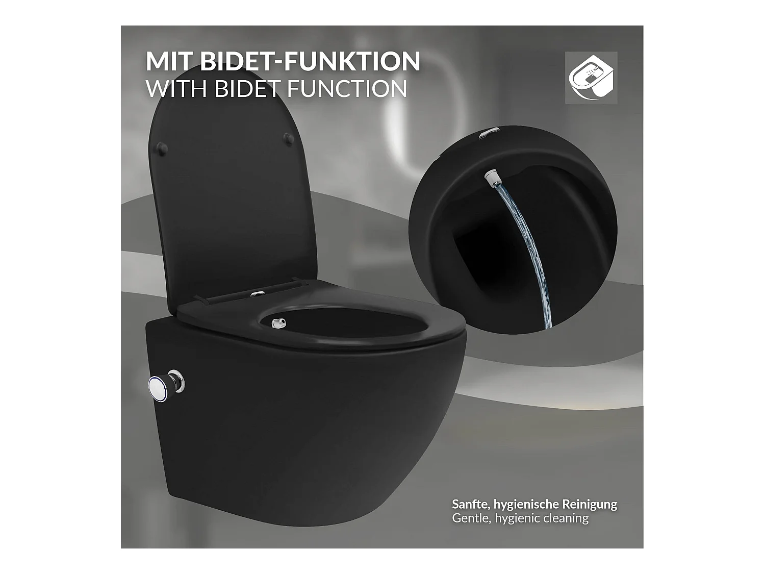 WC sospeso senza bordo nero sedile softclose funzione bidet rivestimento nano