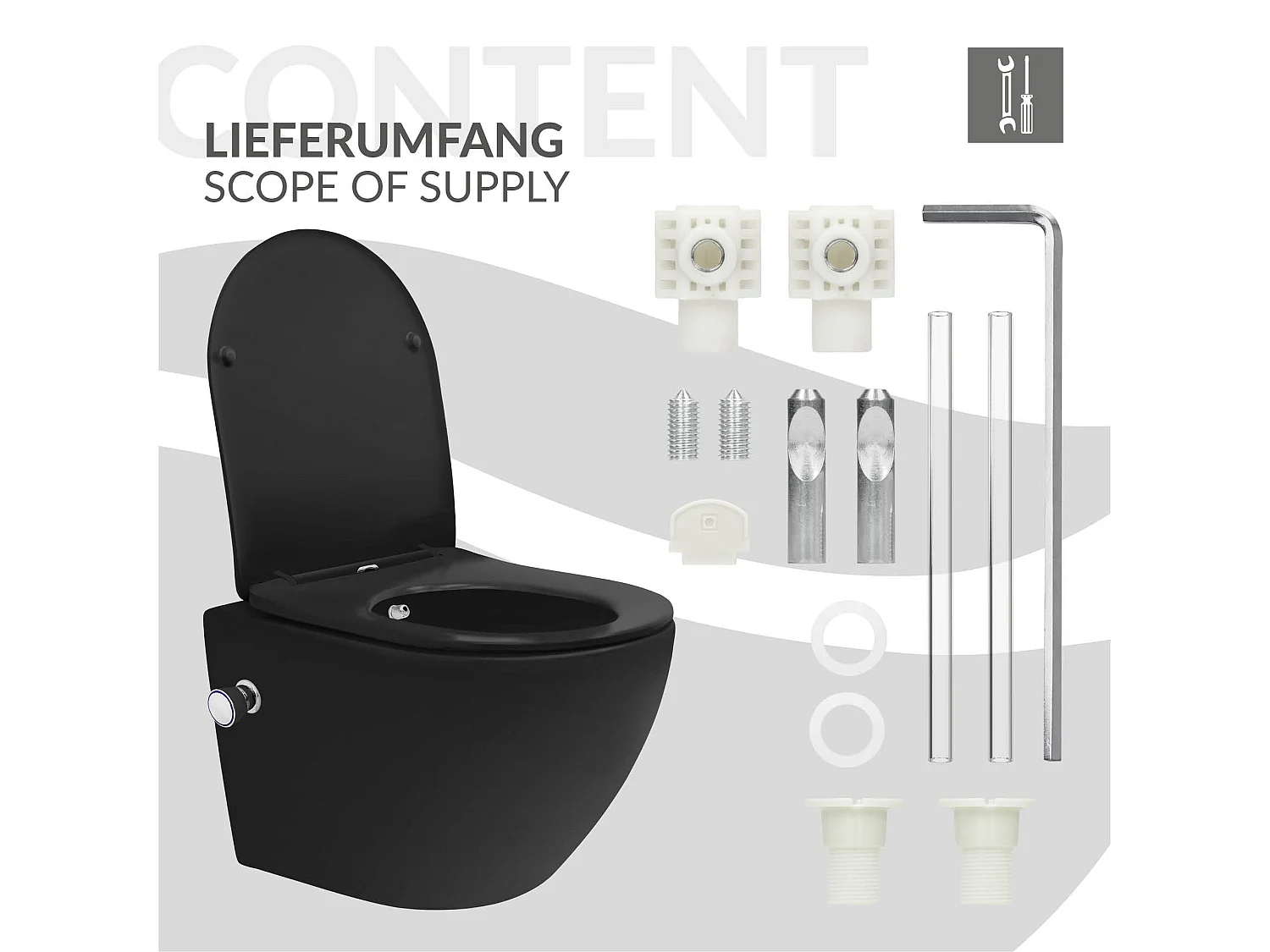 WC sospeso senza bordo nero sedile softclose funzione bidet rivestimento nano