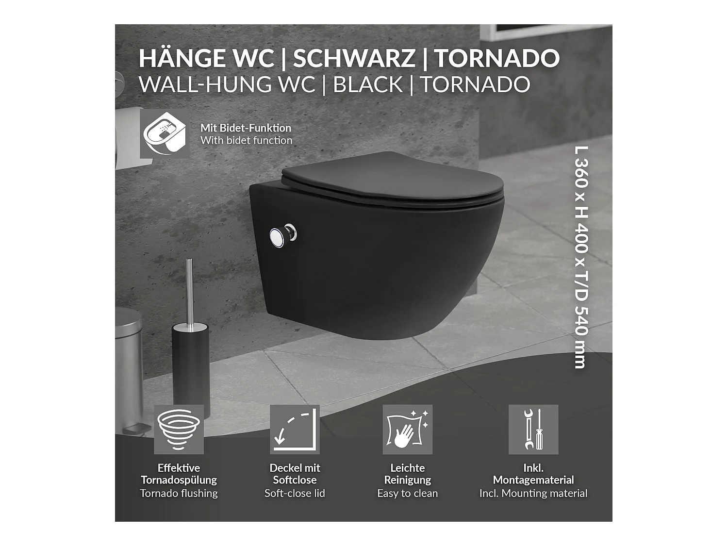 WC cerámico suspendido nanorecubrimiento función bidé negro largo 53,5cm