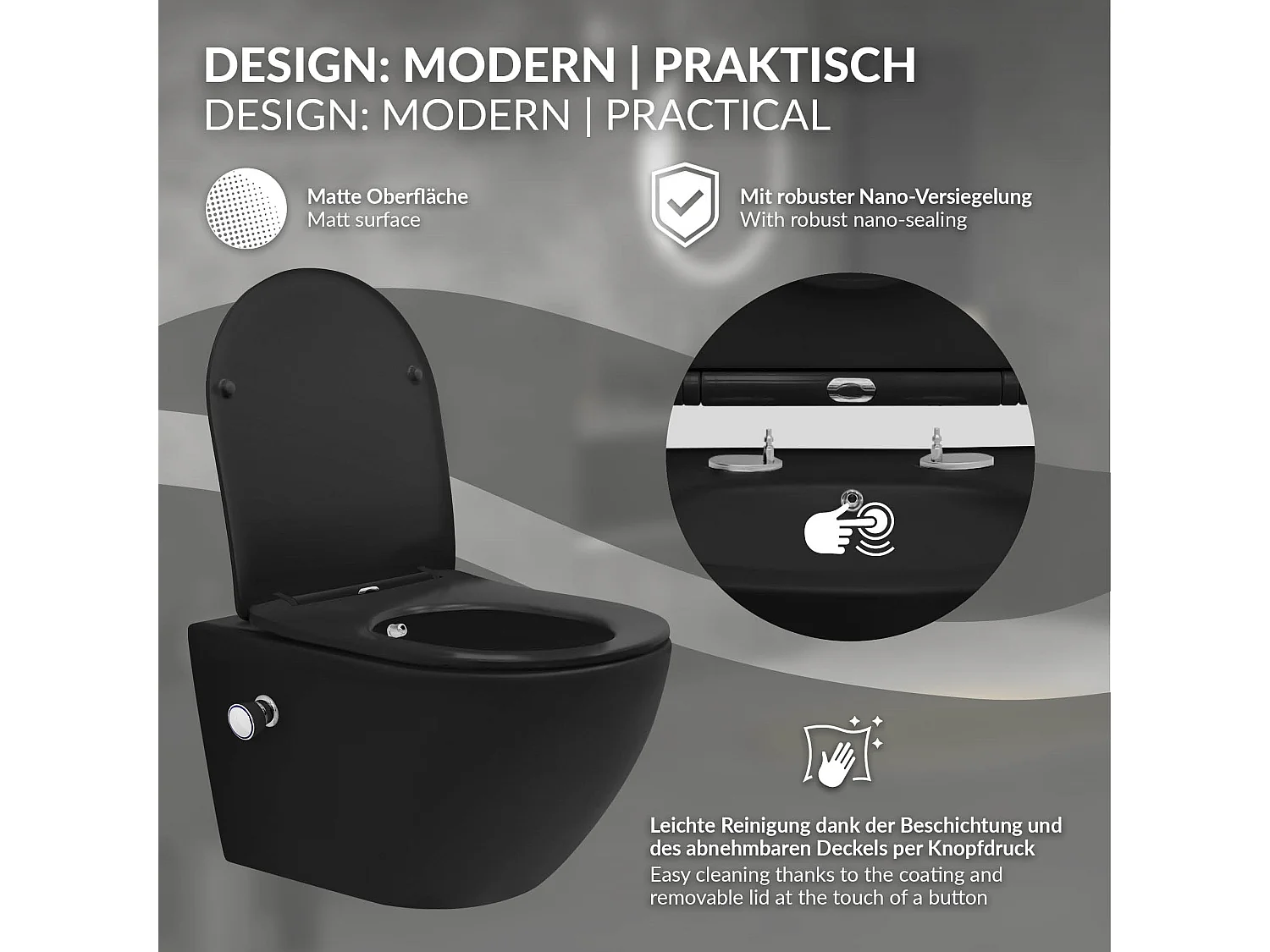 WC cerámico suspendido nanorecubrimiento función bidé negro largo 53,5cm