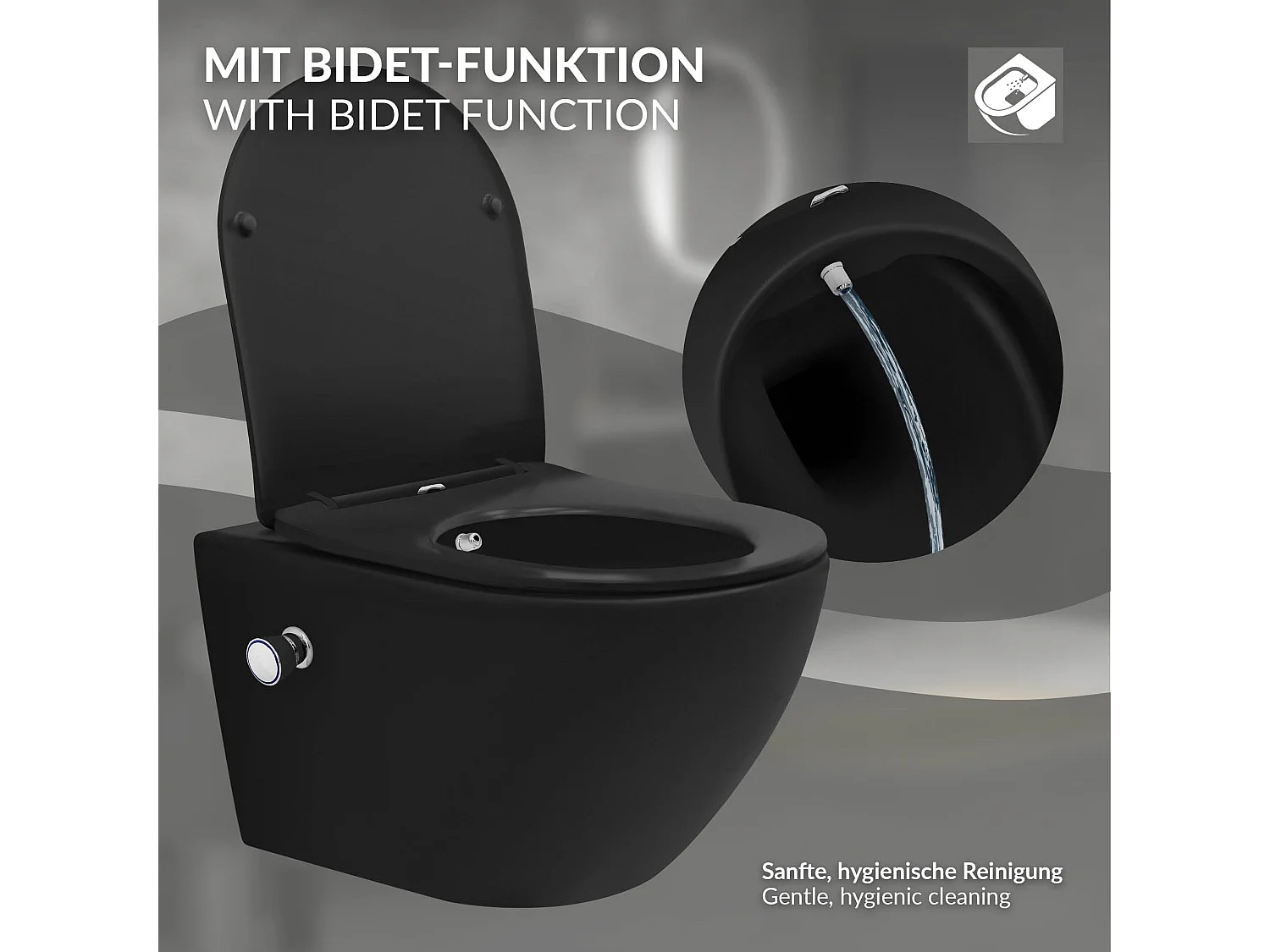 WC cerámico suspendido nanorecubrimiento función bidé negro largo 53,5cm