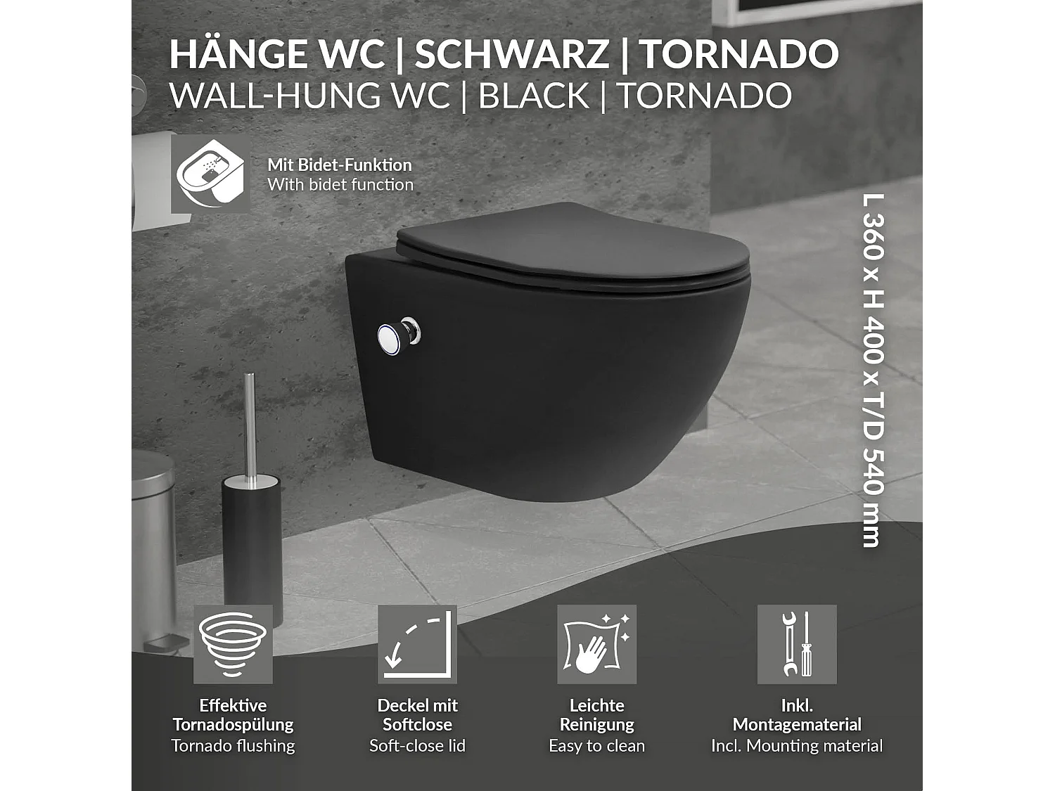 WC suspendu longue nano chasse d'eau tornado fonction bidet noir siège Softclose