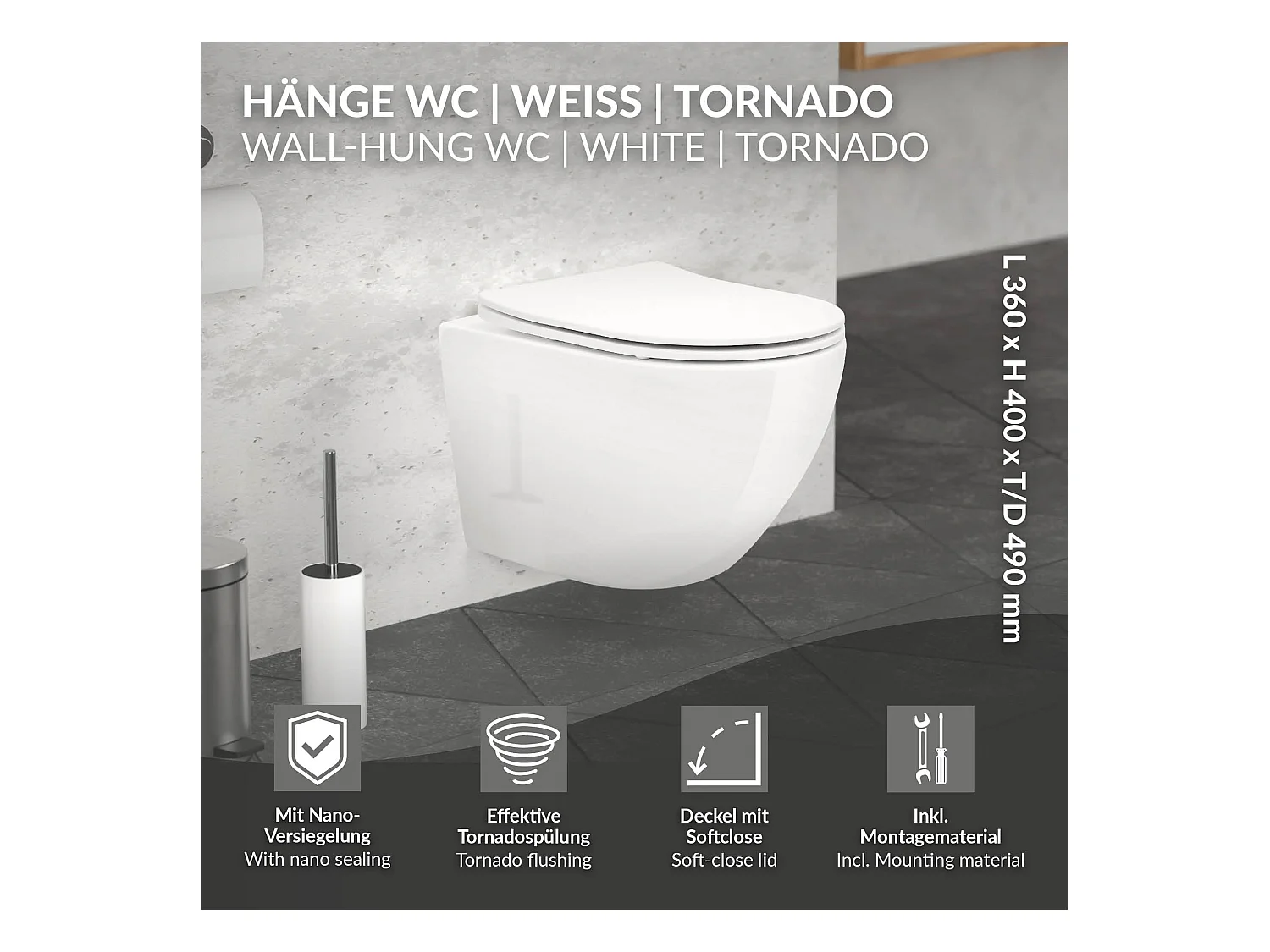 WC cerámico suspendido blanco brillante corto 49 cm sin borde, nanorecubrimiento