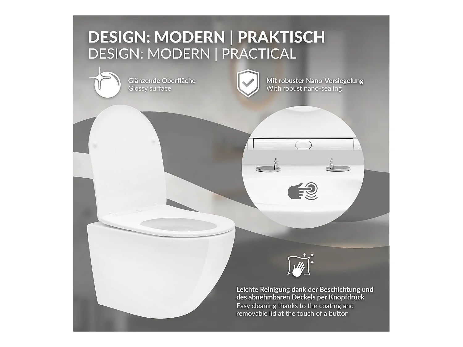 WC cerámico suspendido blanco brillante corto 49 cm sin borde, nanorecubrimiento