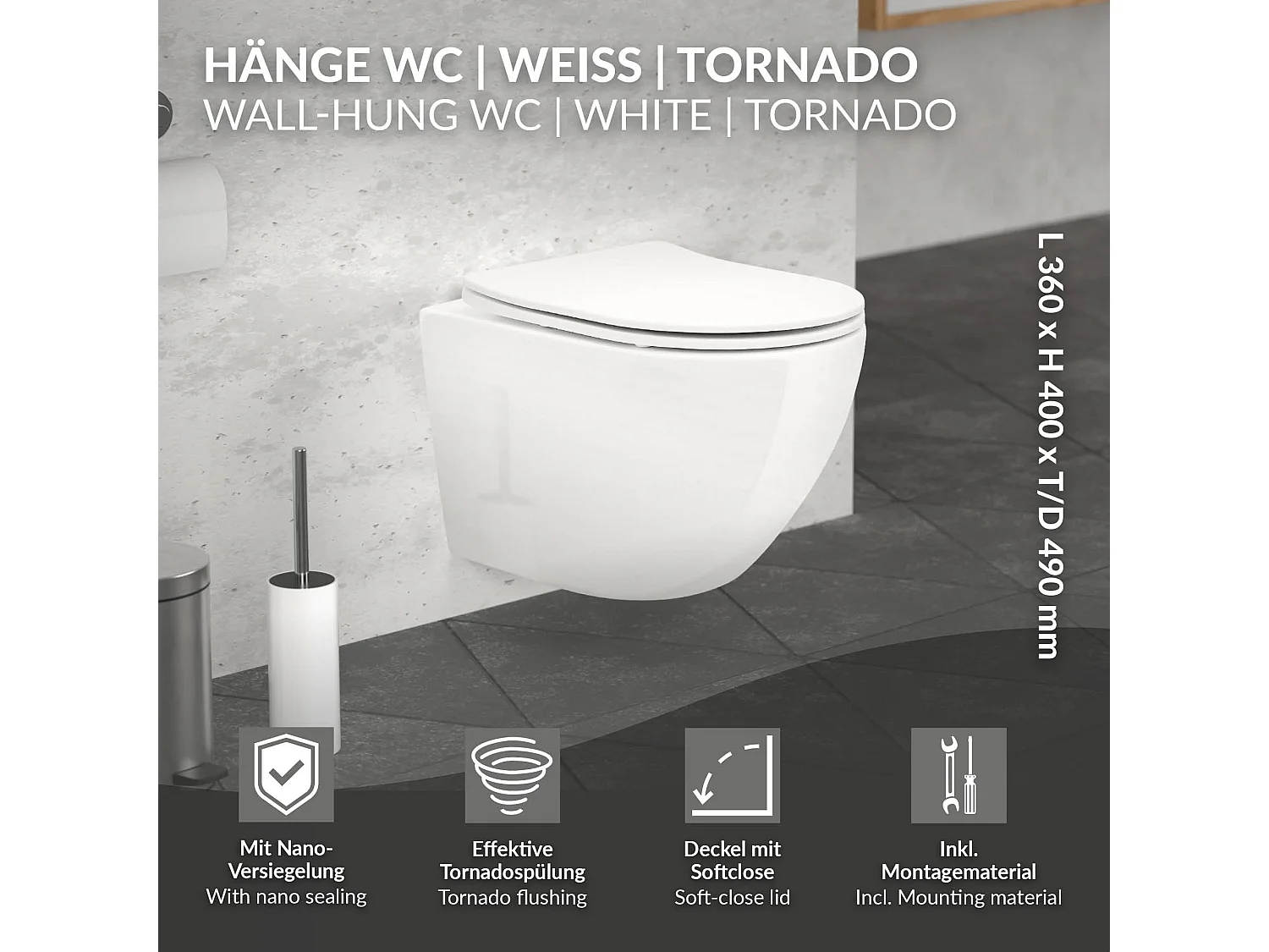 WC sospeso senza bordo in ceramica sciacquone tornado softclose sanitari nano