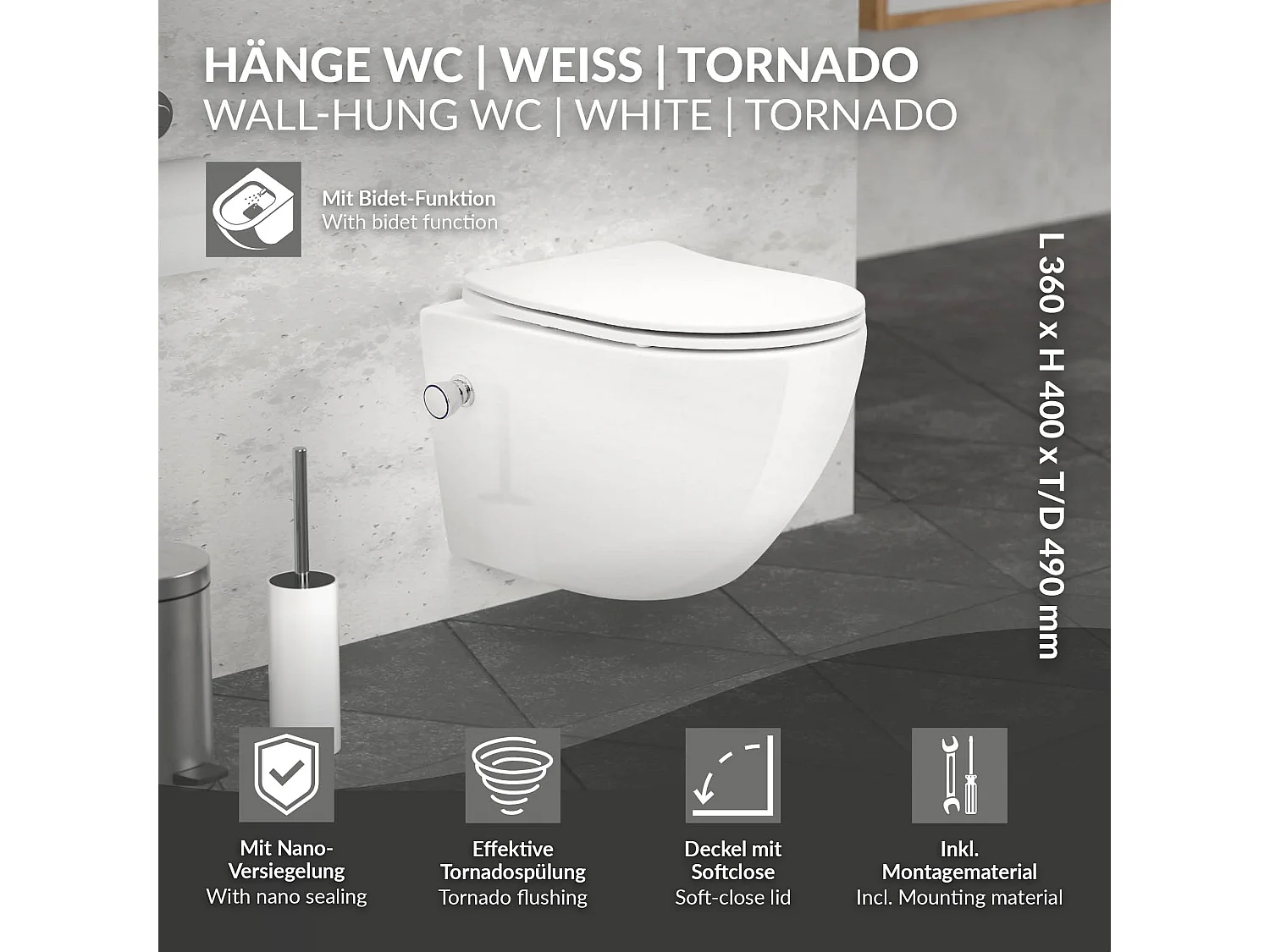 Toilette suspendu blanc sans rebord nano-revêtement+fonction bidet salle de bain