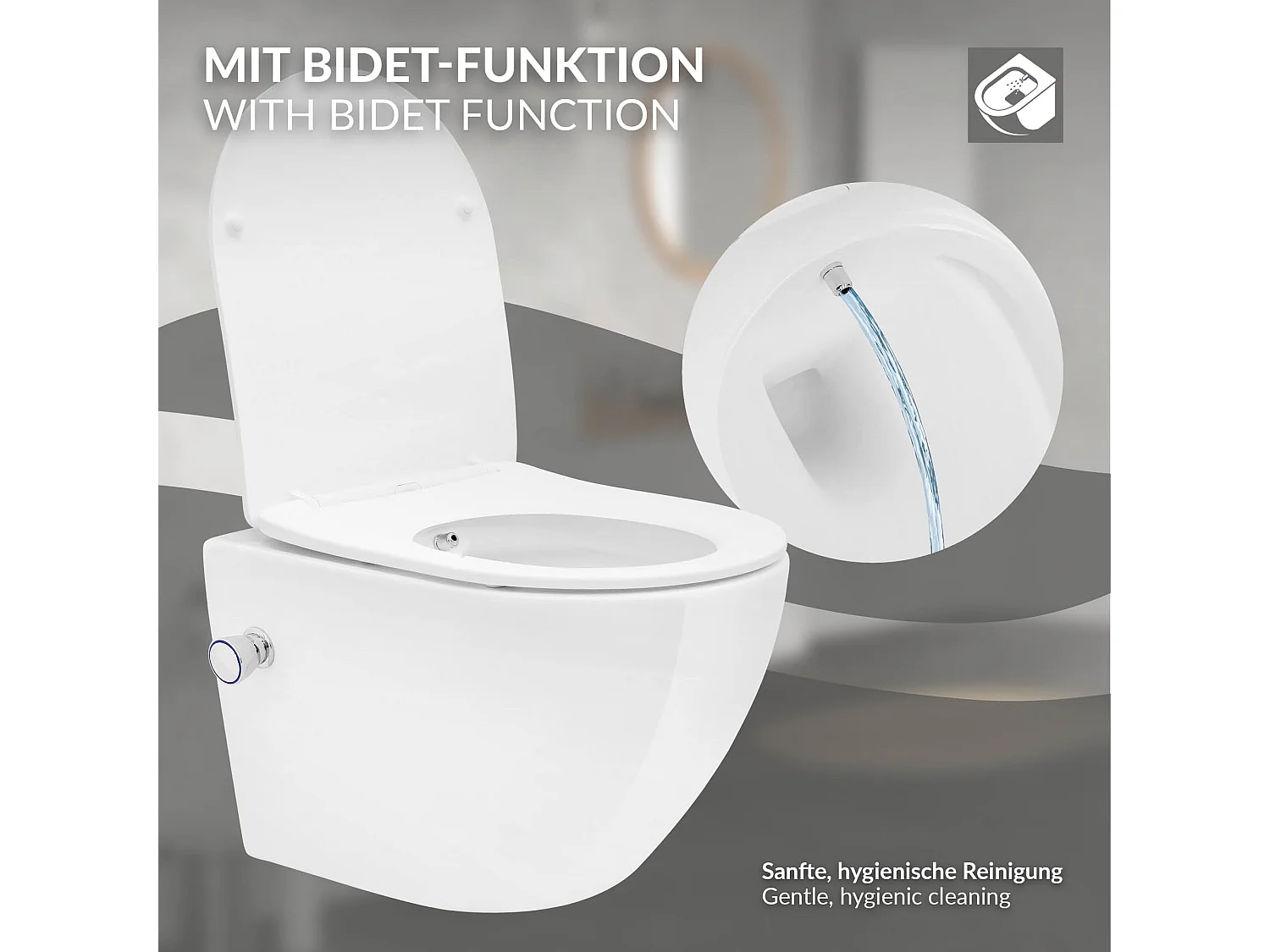 Toilette suspendu blanc sans rebord nano-revêtement+fonction bidet salle de bain
