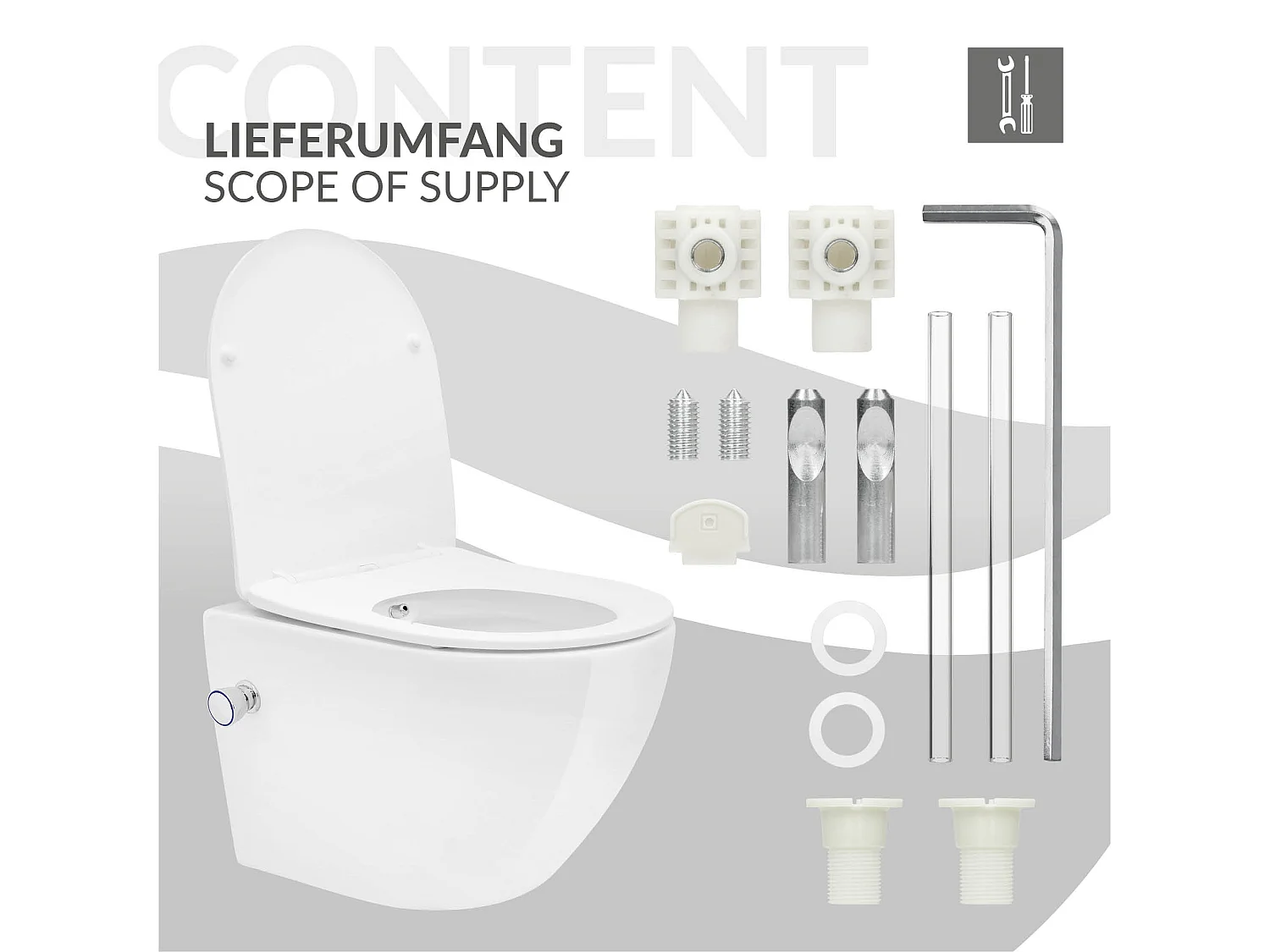 Toilette suspendu blanc sans rebord nano-revêtement+fonction bidet salle de bain