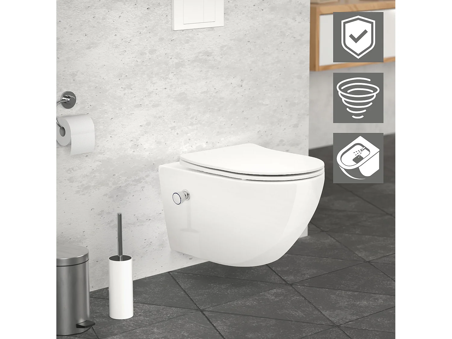 Toilette suspendu sans rebord longue blanc WC nano-revêtement pour salle de bain