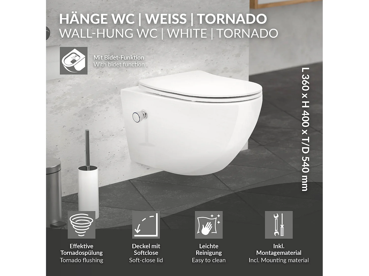 Toilette suspendu sans rebord longue blanc WC nano-revêtement pour salle de bain