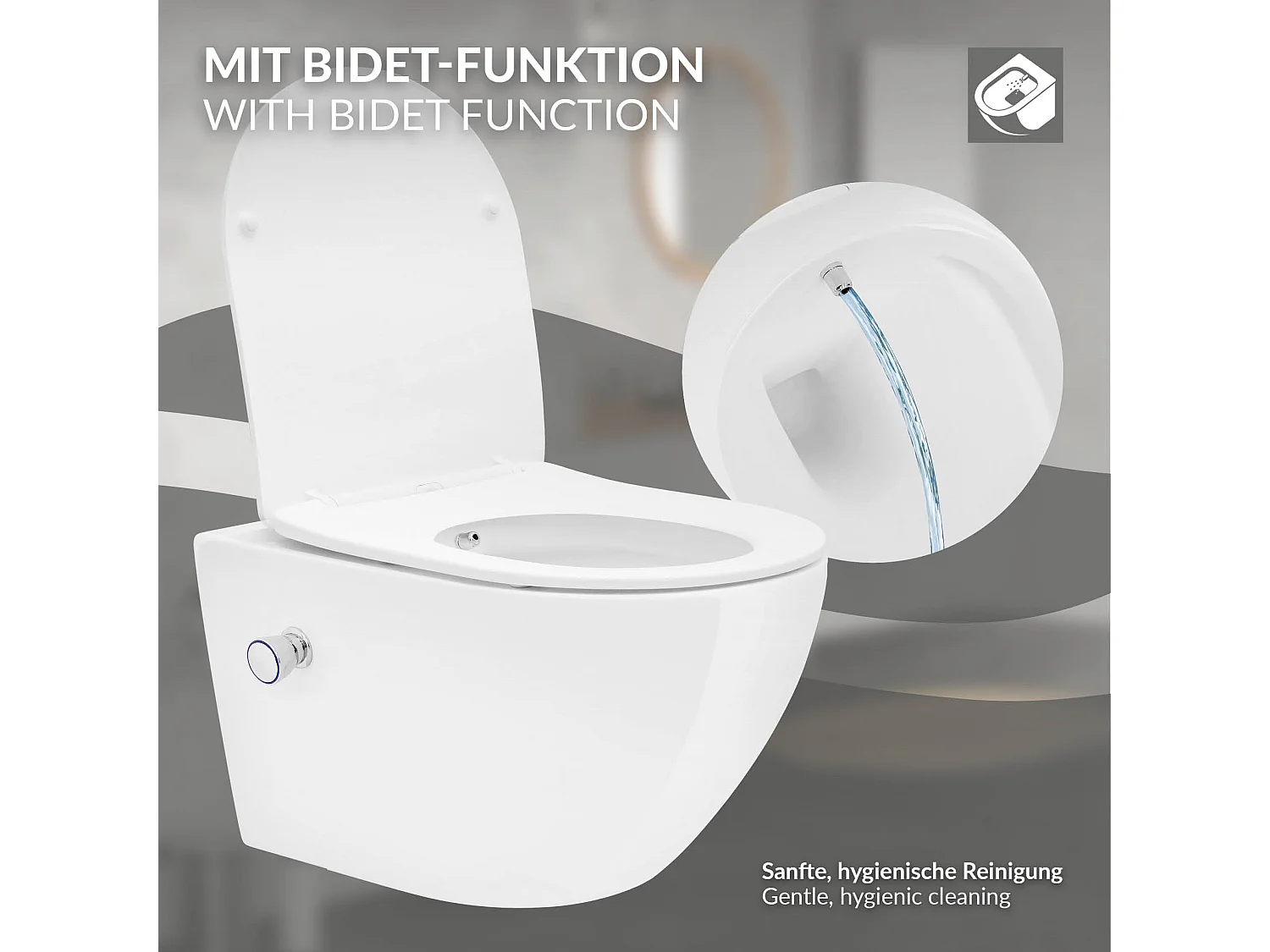 Toilette suspendu sans rebord longue blanc WC nano-revêtement pour salle de bain