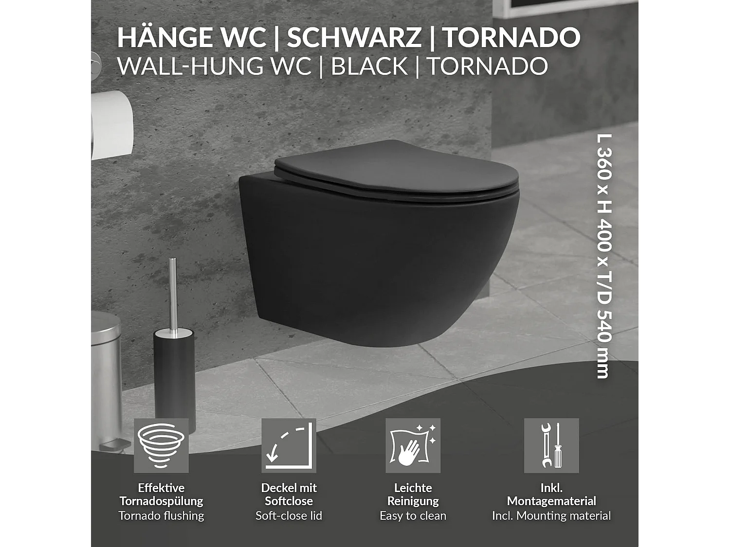 WC sospeso senza bordo lungo ceramica nero sedile softclose rivestimento nano
