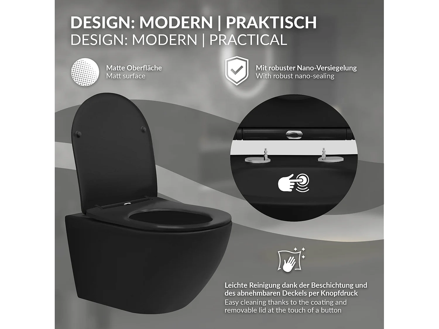 WC sospeso senza bordo lungo ceramica nero sedile softclose rivestimento nano