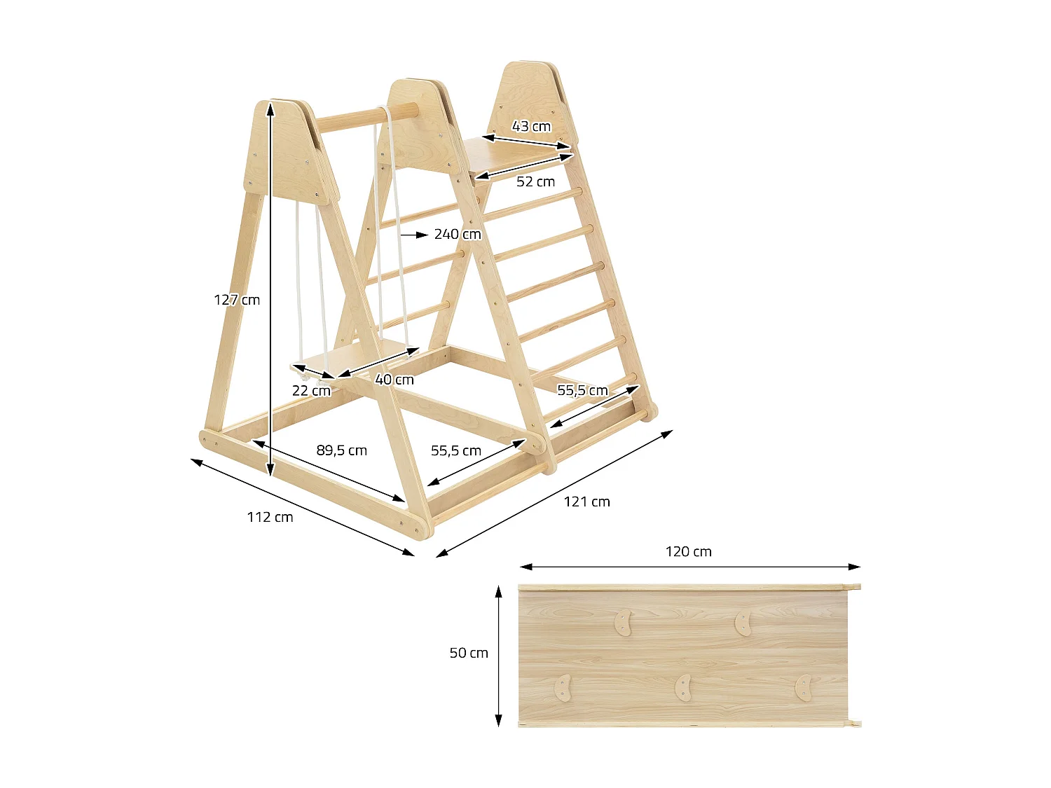 Juego de trepa 3en1 con escaleras, trampolín y columpio madera juguete interior