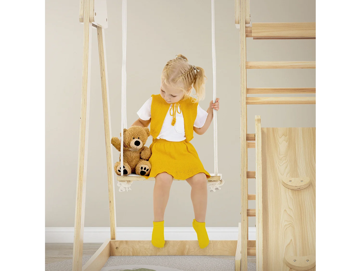 Juego de trepa 3en1 con escaleras, trampolín y columpio madera juguete interior