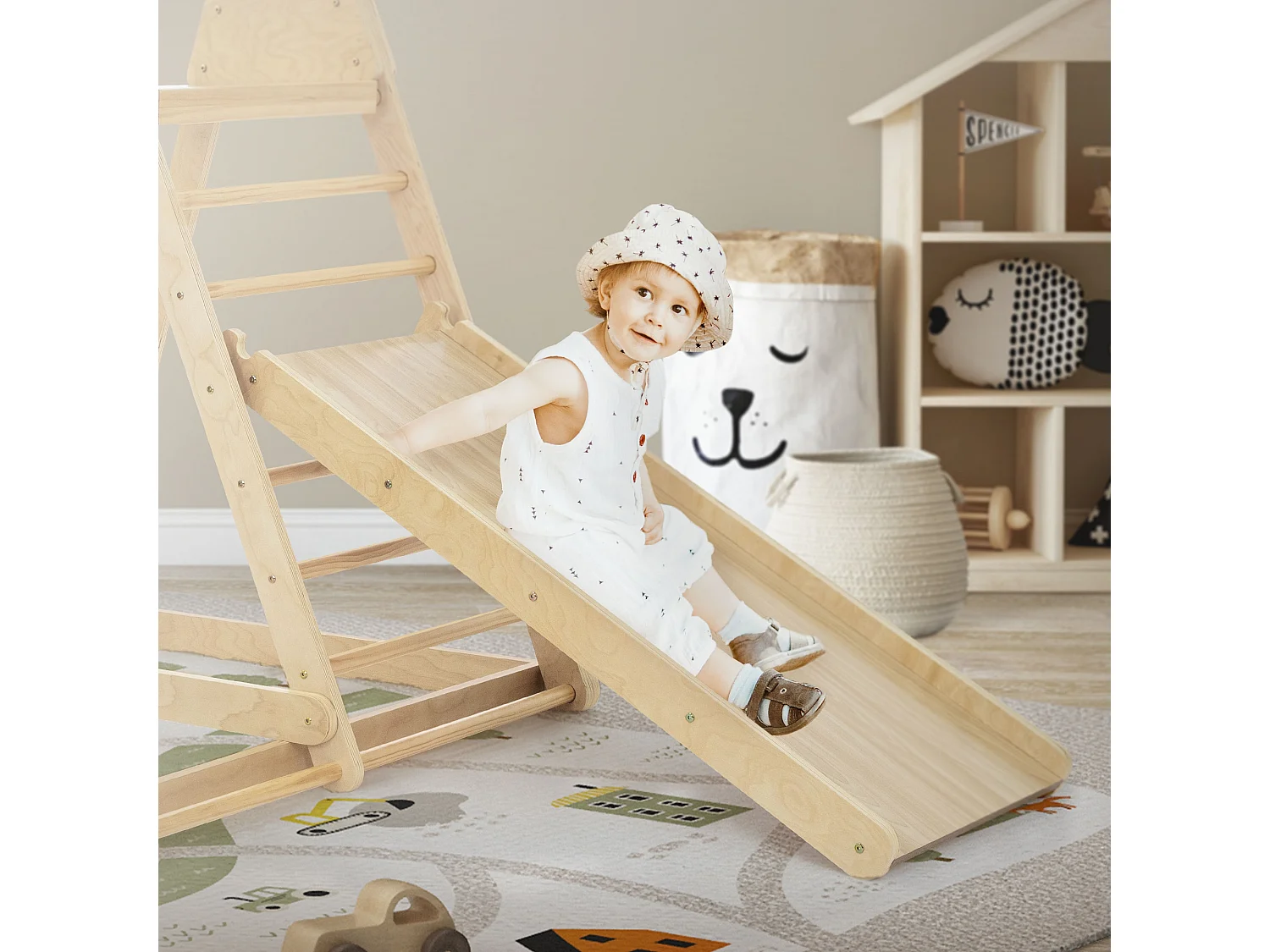 Juego de trepa 3en1 con escaleras, trampolín y columpio madera juguete interior