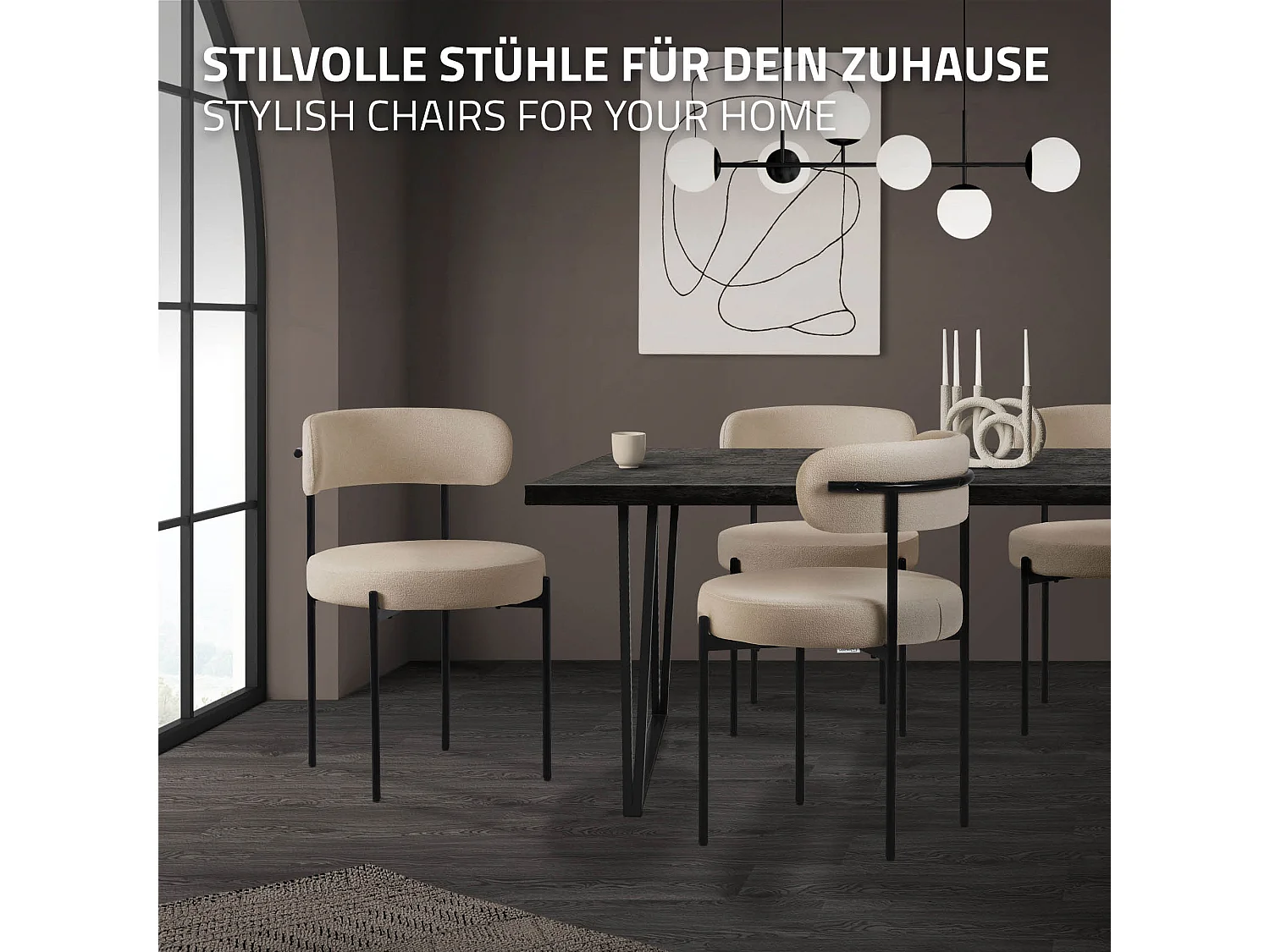Lot de 2 chaises de salle à manger marron avec dossier ergonomique revêtement en tissu teddy doux en polyester piètement noir en acier design élégant