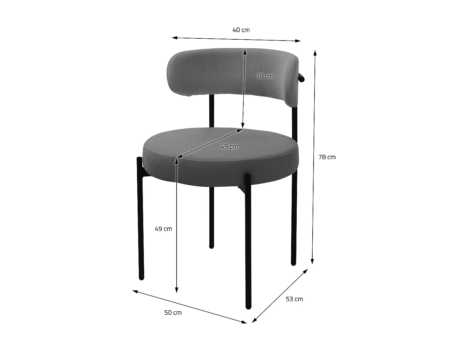 Lot de 6 chaises de cuisine rond en tissu teddy gris avec dossier pied en acier