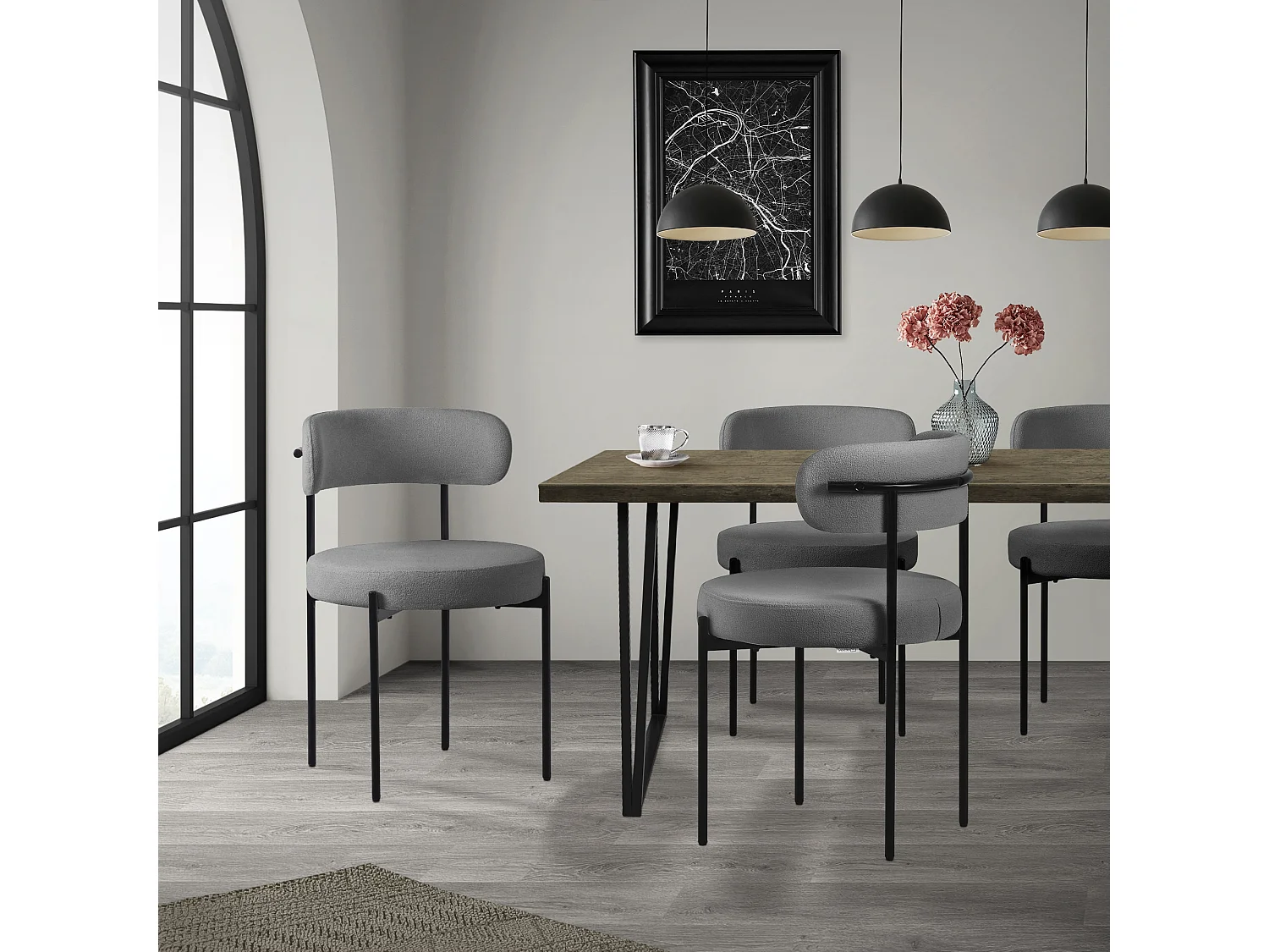 Lot de 6 chaises de cuisine rond en tissu teddy gris avec dossier pied en acier