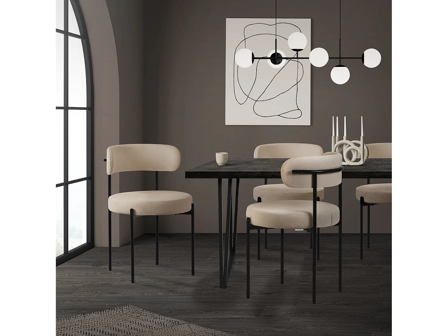 Lot de 6 chaises de cuisine rond tissu teddy marron avec dossier pied en acier