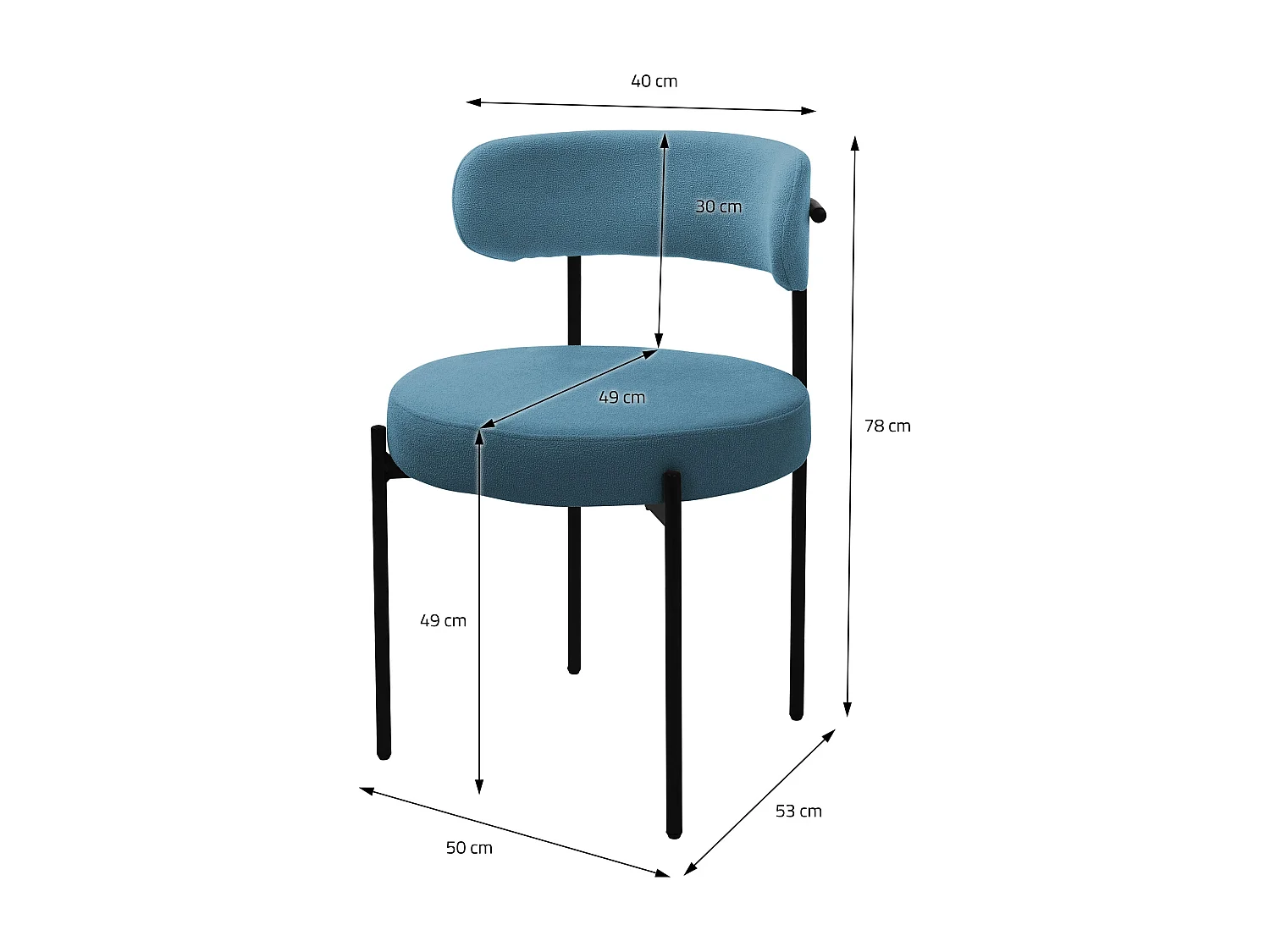 Lot de 6 chaises de cuisine rond en tissu teddy bleu avec dossier pied en acier