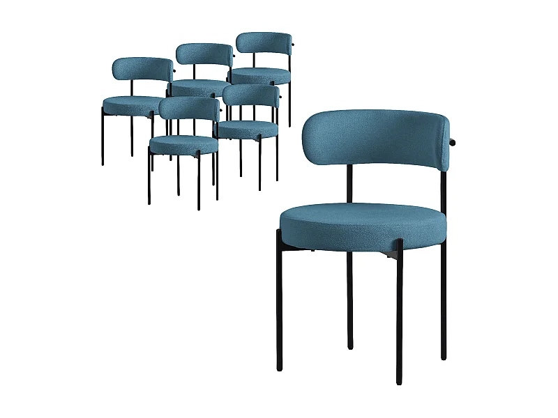 Lot de 6 chaises de cuisine rond en tissu teddy bleu avec dossier pied en acier
