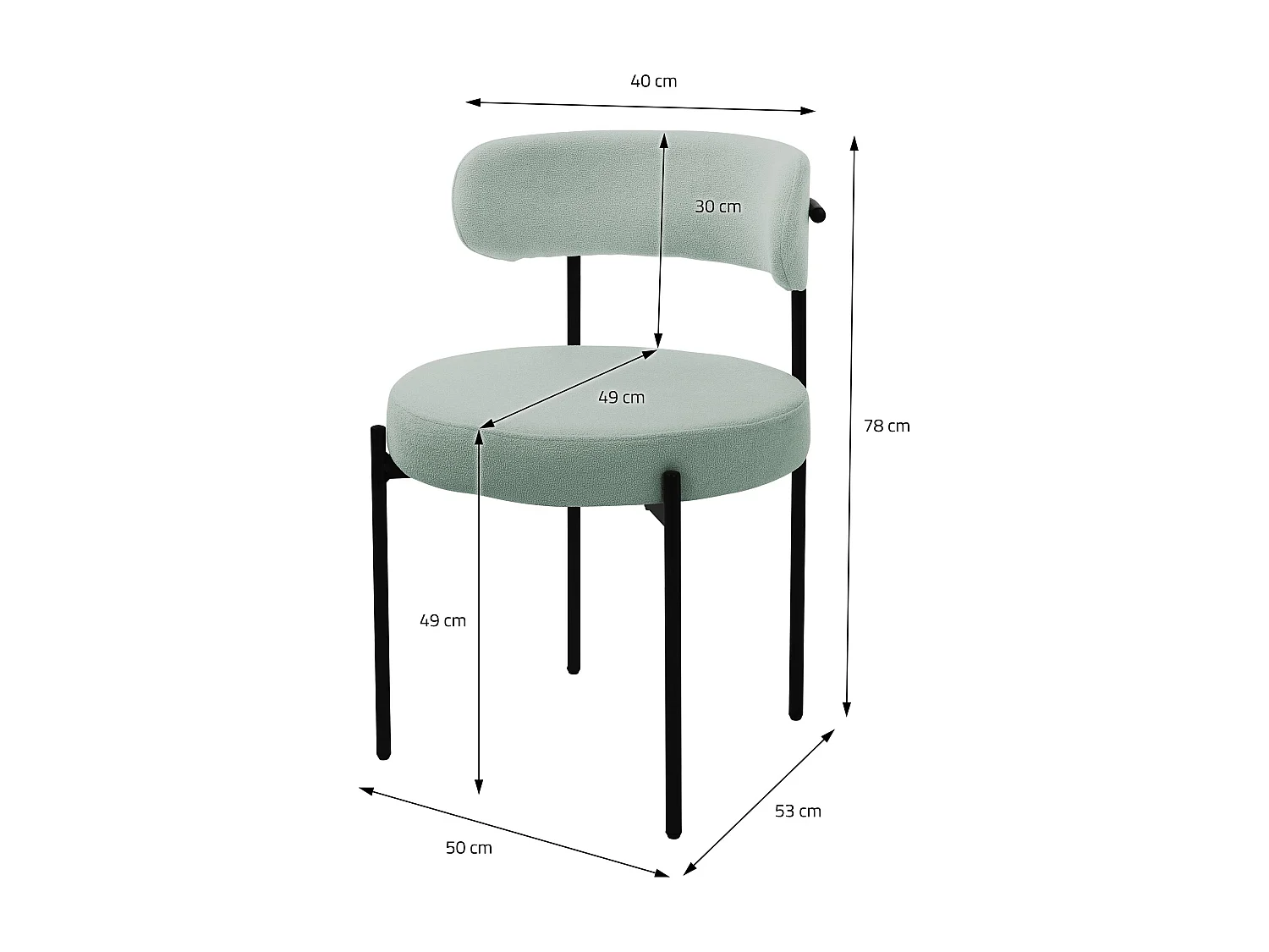 Lot de 6 chaises de cuisine rond en tissu teddy vert avec dossier pied en acier