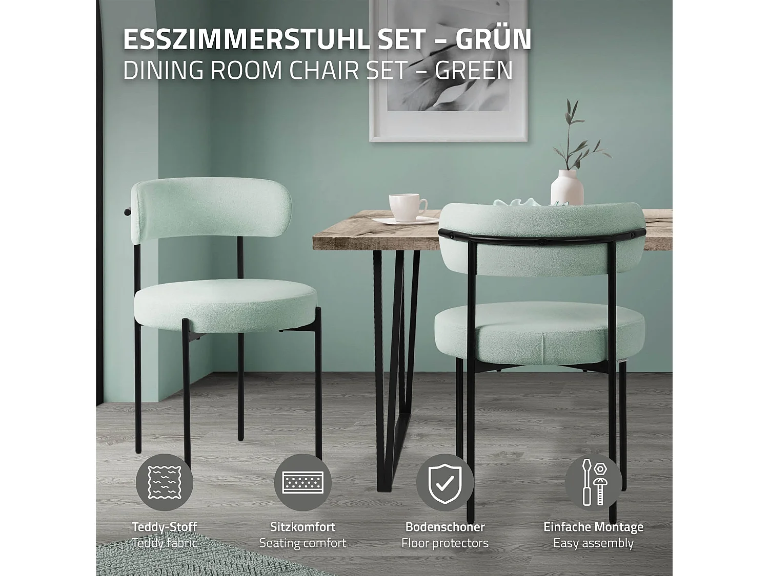 ML-Design Set di 6 sedie verde imbottite in tessuto teddy per sala da pranzo, gambe in metallo nero, con schienale ergonomico, ideali per soggiorno