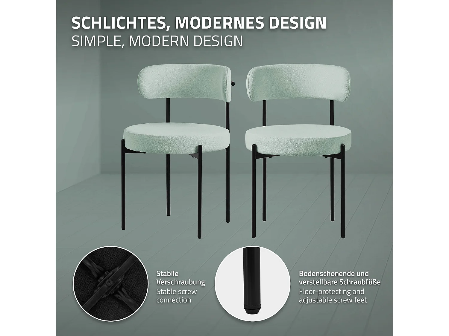 ML-Design Set di 6 sedie verde imbottite in tessuto teddy per sala da pranzo, gambe in metallo nero, con schienale ergonomico, ideali per soggiorno
