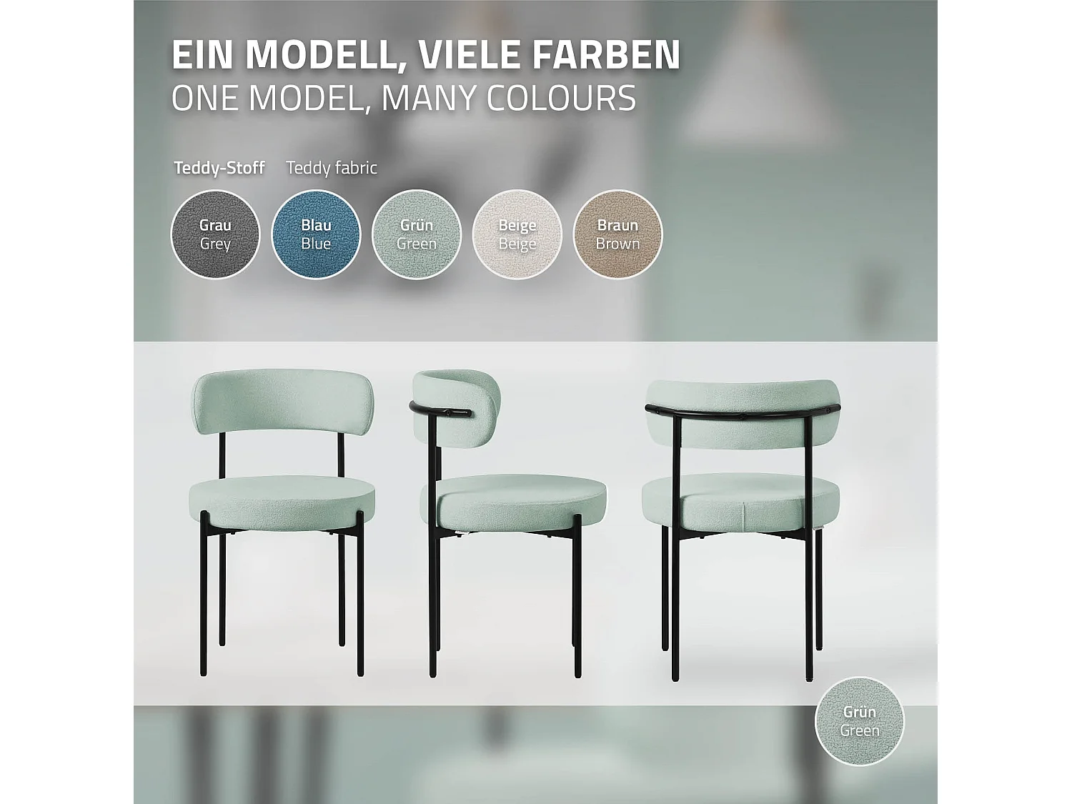 ML-Design Set di 6 sedie verde imbottite in tessuto teddy per sala da pranzo, gambe in metallo nero, con schienale ergonomico, ideali per soggiorno