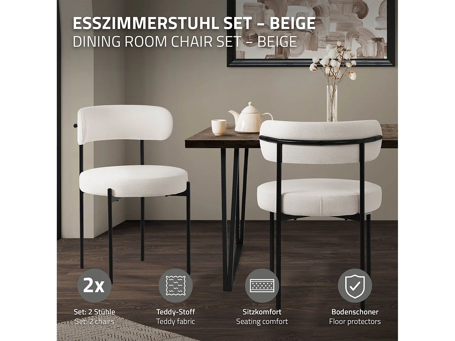 ML-Design Set 2 sedie da cucina bianco sedia da sala pranzo rivestimento in tessuto teddy poltroncina con gambe in metallo nero seggiola con schienale