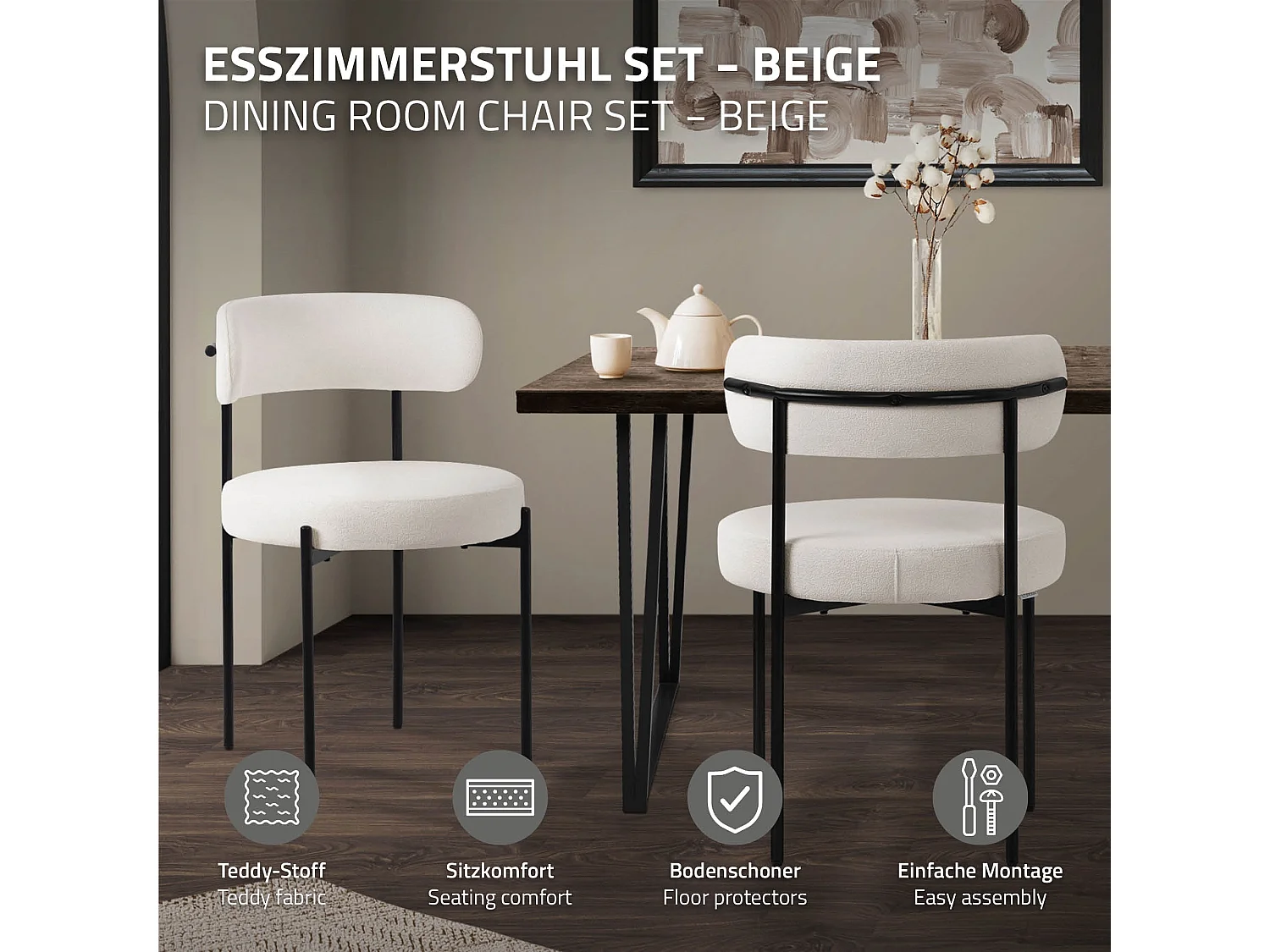 Lot de 4 chaises de salle à manger blanc avec dossier ergonomique revêtement en tissu teddy doux en polyester piètement noir en acier design élégant
