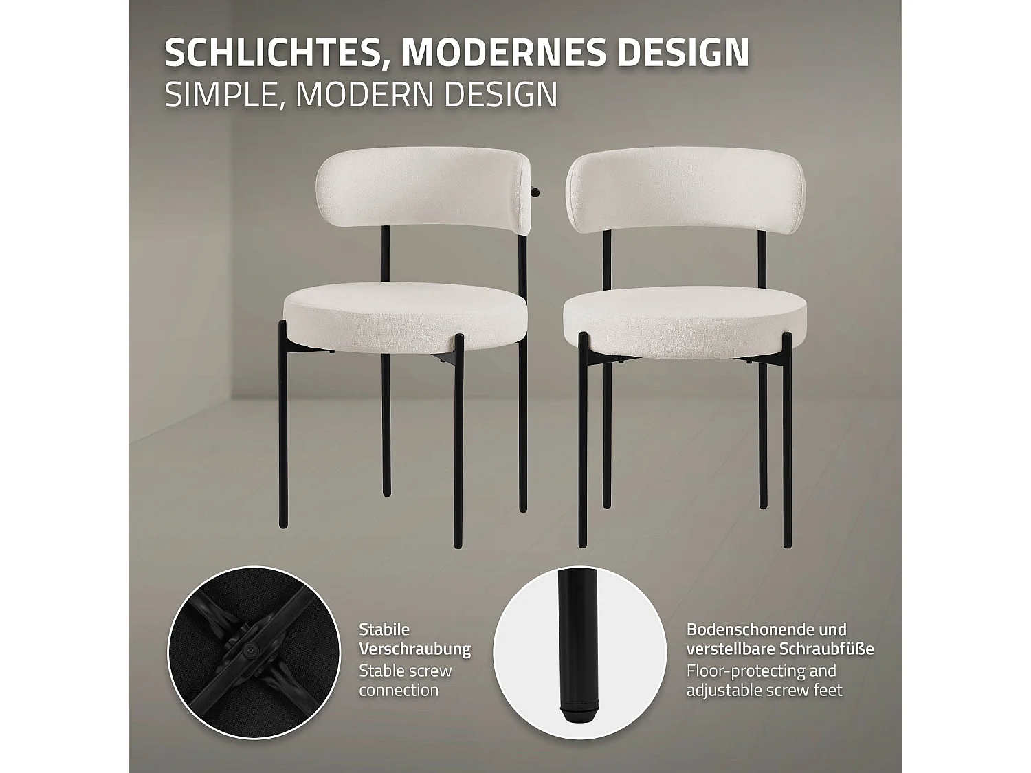 Lot de 4 chaises de salle à manger blanc avec dossier ergonomique revêtement en tissu teddy doux en polyester piètement noir en acier design élégant