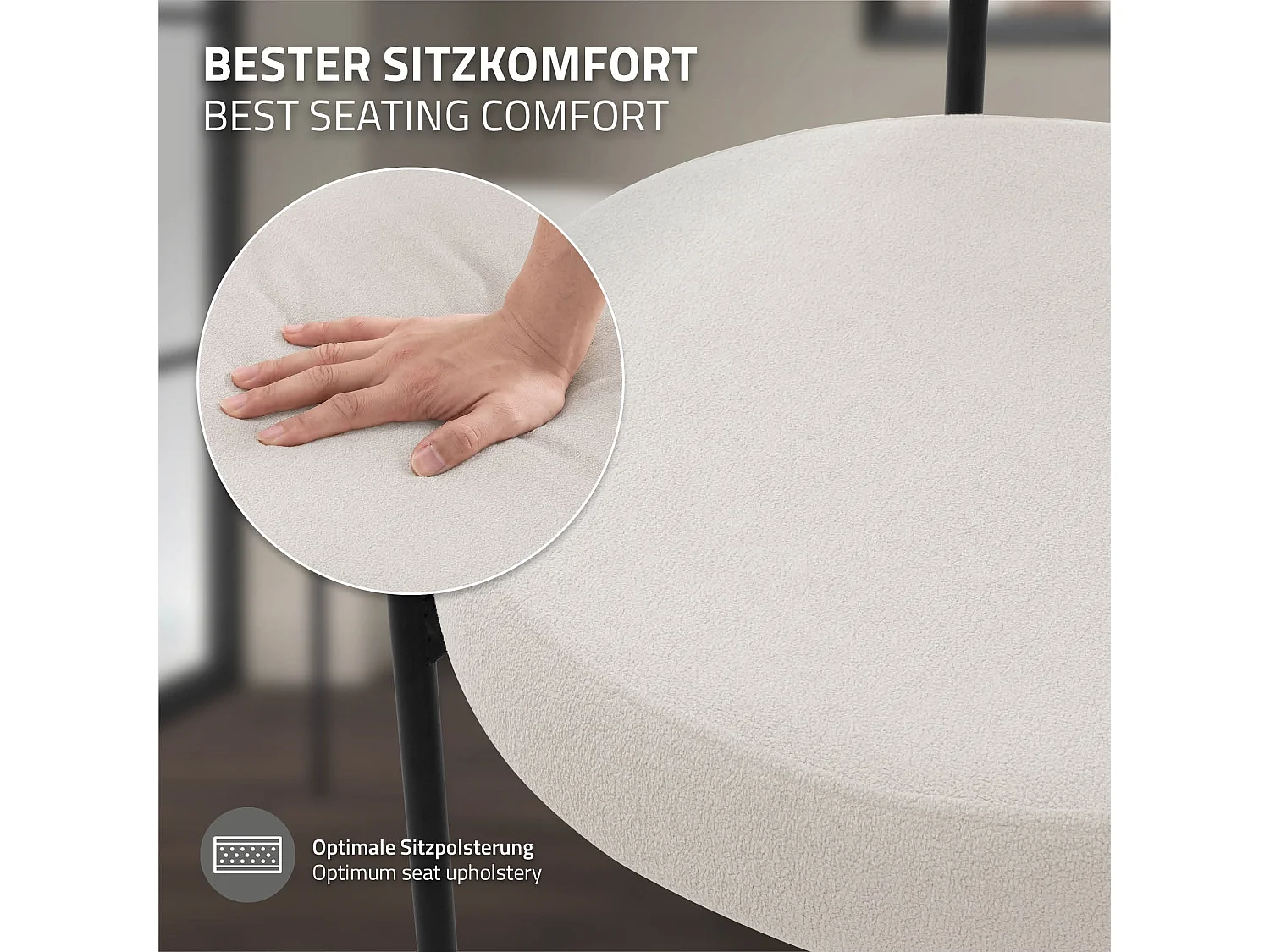 Lot de 4 chaises de salle à manger blanc avec dossier ergonomique revêtement en tissu teddy doux en polyester piètement noir en acier design élégant