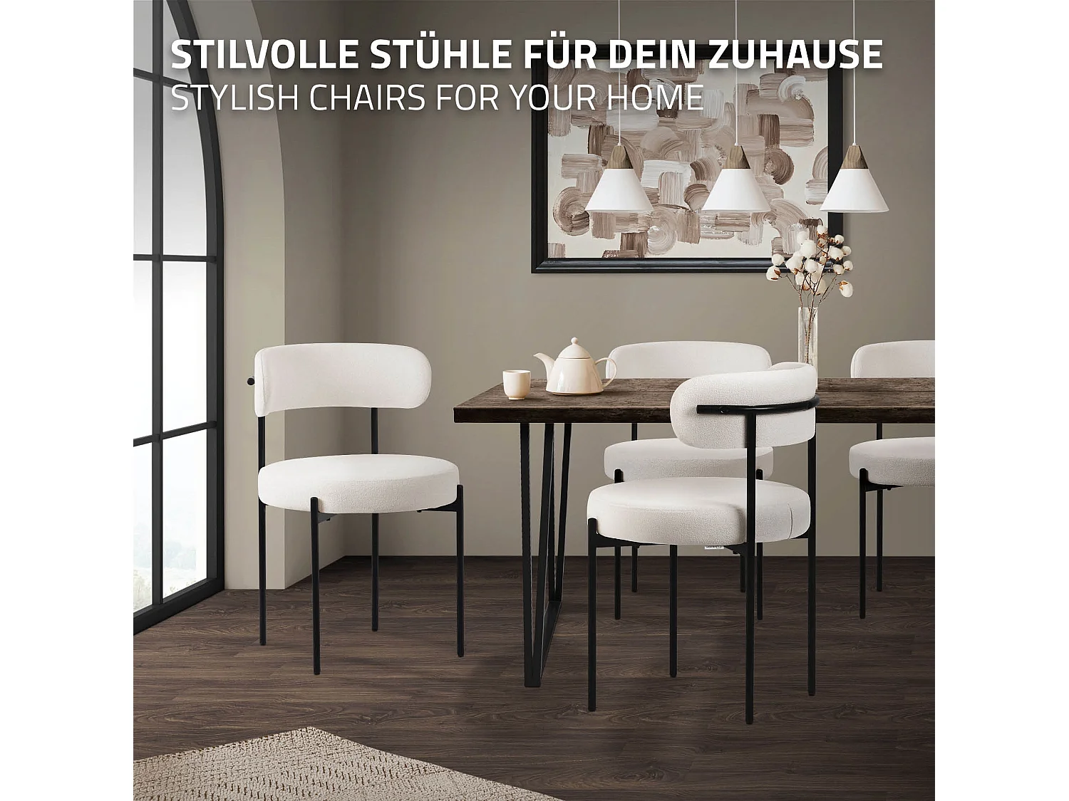 Lot de 4 chaises de salle à manger blanc avec dossier ergonomique revêtement en tissu teddy doux en polyester piètement noir en acier design élégant
