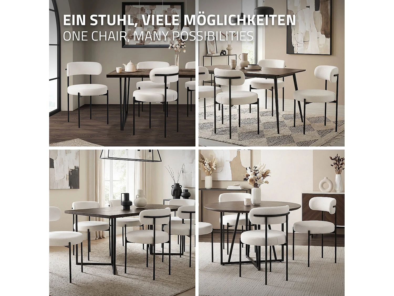 Lot de 4 chaises de salle à manger blanc avec dossier ergonomique revêtement en tissu teddy doux en polyester piètement noir en acier design élégant