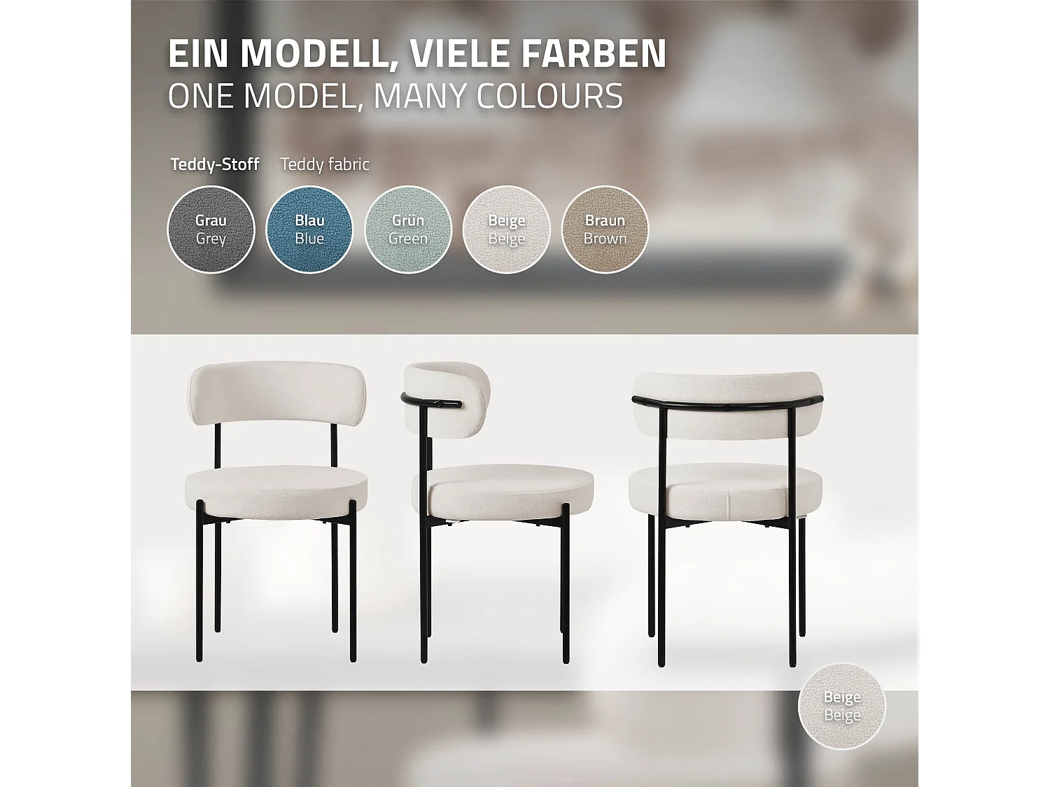 Lot de 4 chaises de salle à manger blanc avec dossier ergonomique revêtement en tissu teddy doux en polyester piètement noir en acier design élégant