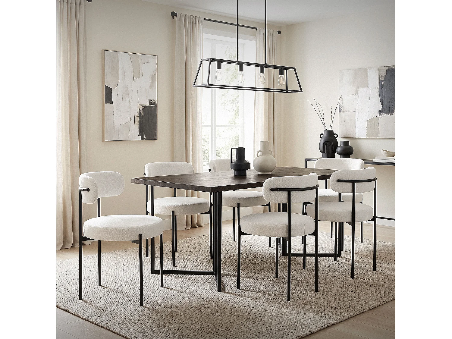 Lot de 4 chaises de salle à manger blanc avec dossier ergonomique revêtement en tissu teddy doux en polyester piètement noir en acier design élégant
