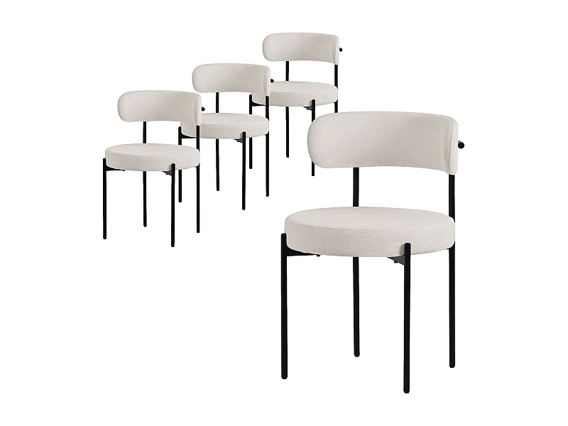 Lot de 4 chaises de cuisine rond en tissu teddy blanc avec dossier pied en acier