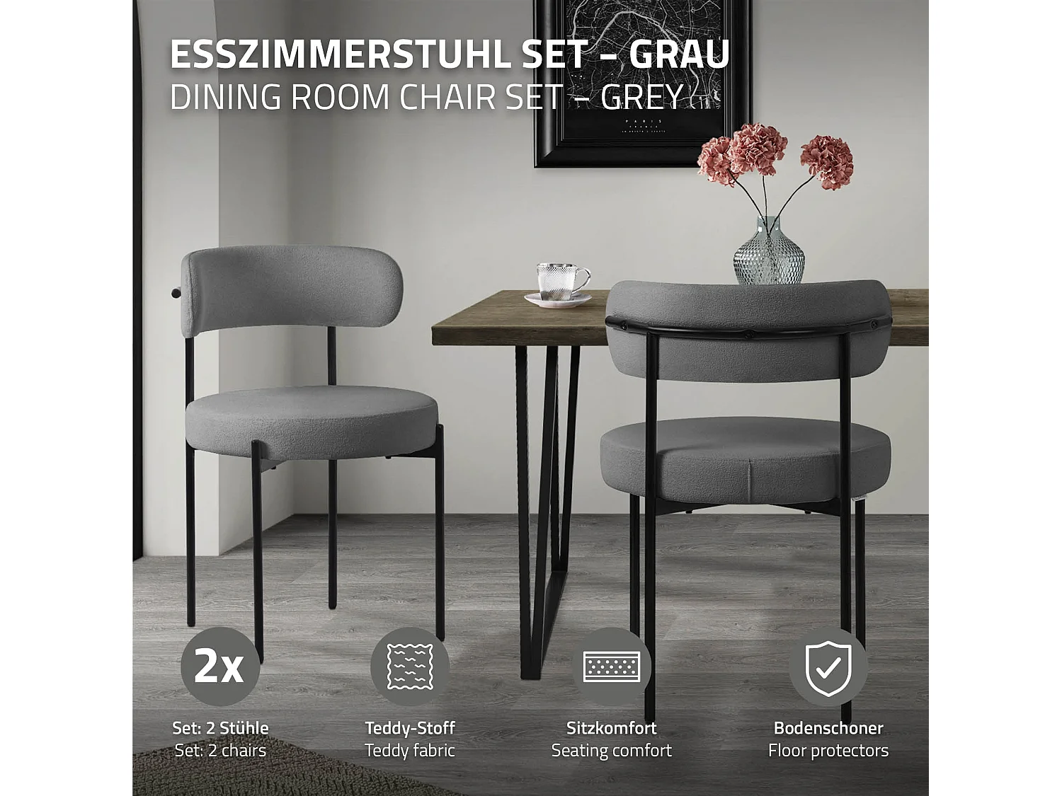 Lot de 2 chaises de salle à manger gris avec dossier ergonomique revêtement en tissu teddy doux en polyester piètement noir en acier design élégant