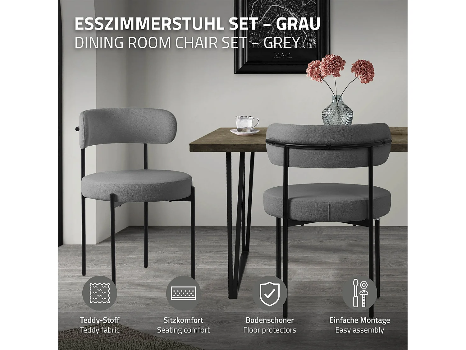 Lot de 2 chaises de salle à manger gris avec dossier ergonomique revêtement en tissu teddy doux en polyester piètement noir en acier design élégant