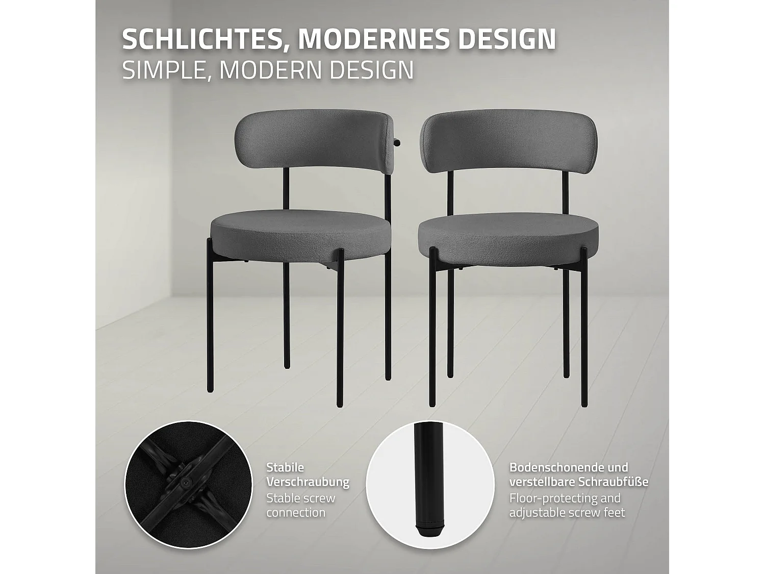 Lot de 2 chaises de salle à manger gris avec dossier ergonomique revêtement en tissu teddy doux en polyester piètement noir en acier design élégant