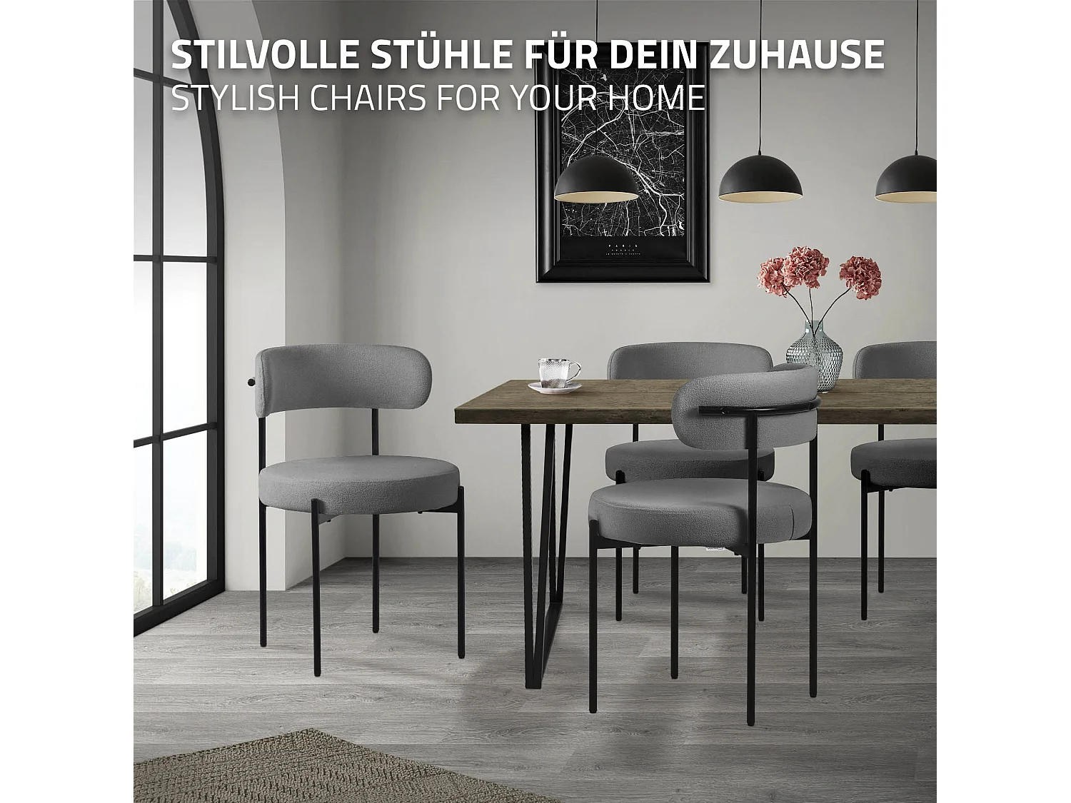 Lot de 2 chaises de salle à manger gris avec dossier ergonomique revêtement en tissu teddy doux en polyester piètement noir en acier design élégant