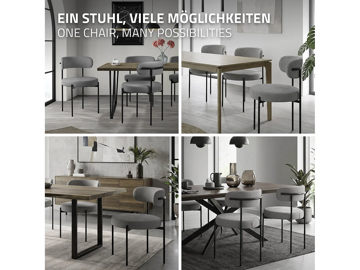 Lot de 2 chaises de salle à manger gris avec dossier ergonomique revêtement en tissu teddy doux en polyester piètement noir en acier design élégant